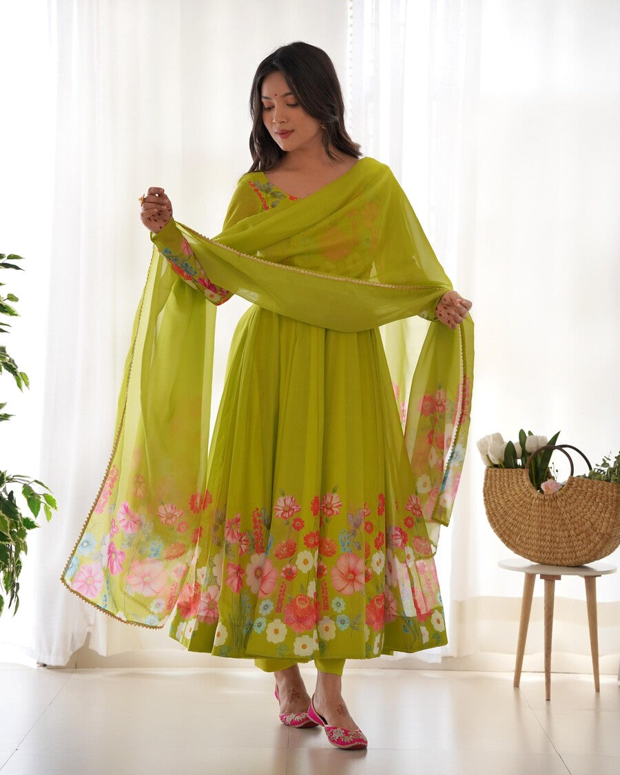 64292 DESIGNER ORGANZA SILK PRINT WORK WITH ZARI FLOWER OUTING WORK GOWN PANT WITH DUPATTA