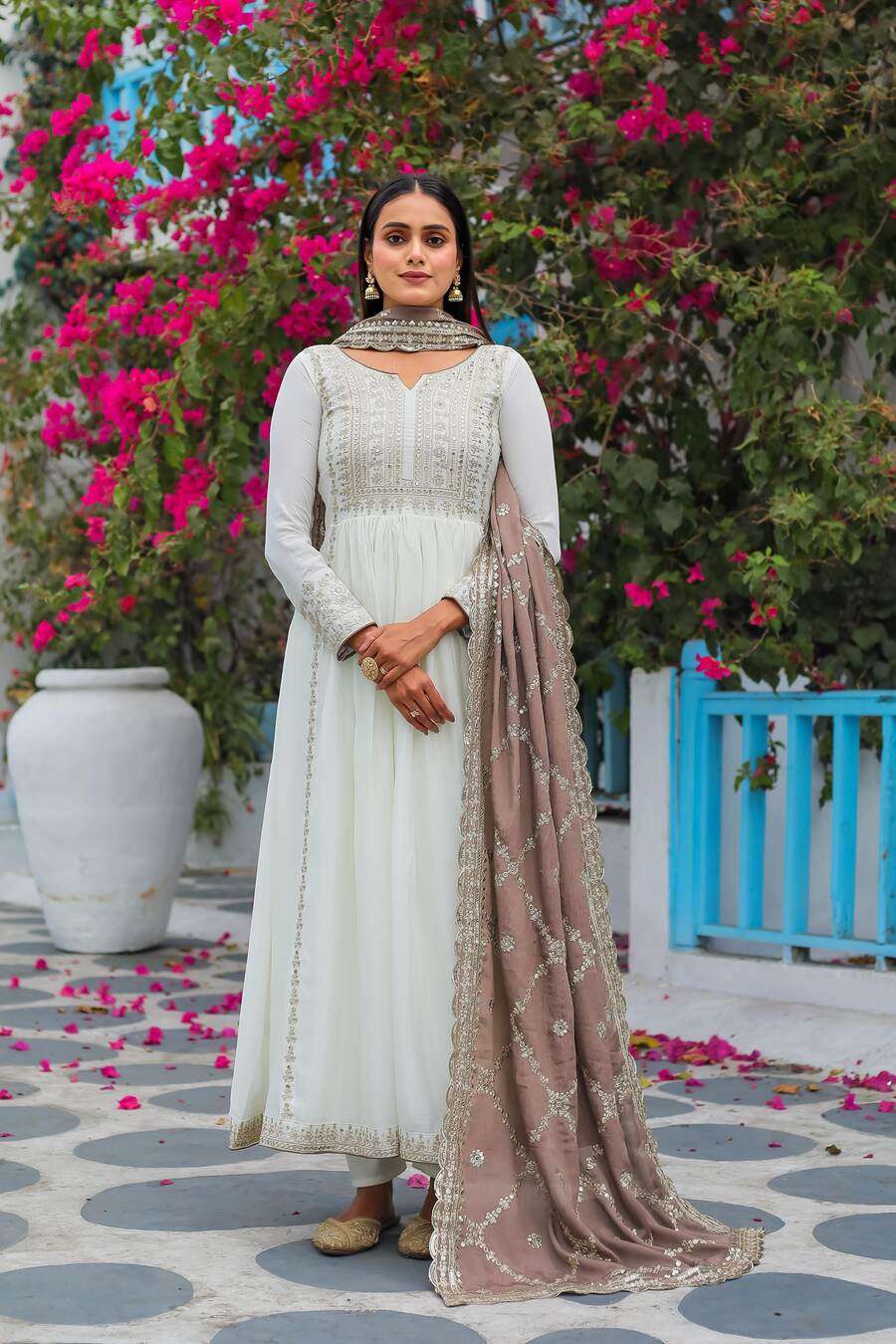 70354 ATRRACTIVE CHINON SILK EMBROIDERY SEQUENCE WORK GOWN BOTTOM WITH DUPATTA Punjabi Style