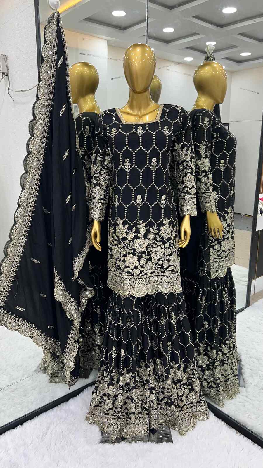 70267 MOST PICKED CHINON SILK EMBROIDERY SEQUENCE WORK TOP SHARARA WITH DUPATTA Sharara Punjabi Style Suit