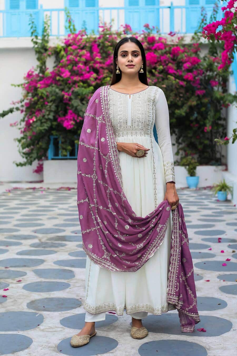 70354 ATRRACTIVE CHINON SILK EMBROIDERY SEQUENCE WORK GOWN BOTTOM WITH DUPATTA Punjabi Style