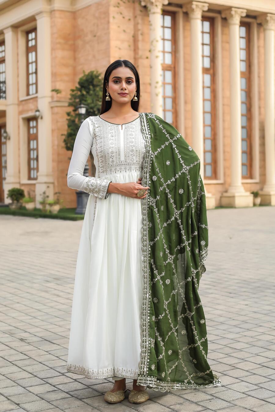 70354 ATRRACTIVE CHINON SILK EMBROIDERY SEQUENCE WORK GOWN BOTTOM WITH DUPATTA Punjabi Style