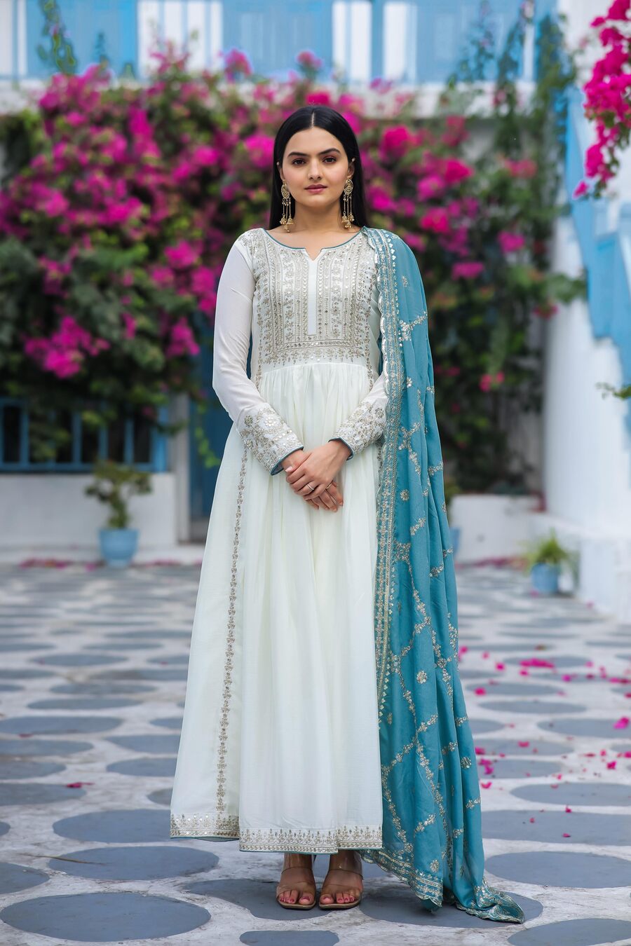 70354 ATRRACTIVE CHINON SILK EMBROIDERY SEQUENCE WORK GOWN BOTTOM WITH DUPATTA Punjabi Style