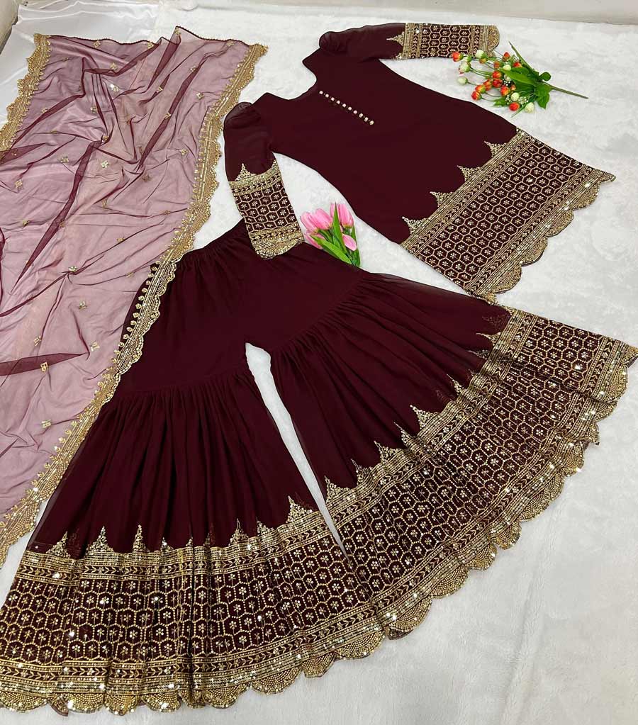 56942 LATEST EMBROIDERY SEQUENCE WORK TOP PALAZZO WITH DUPATTA