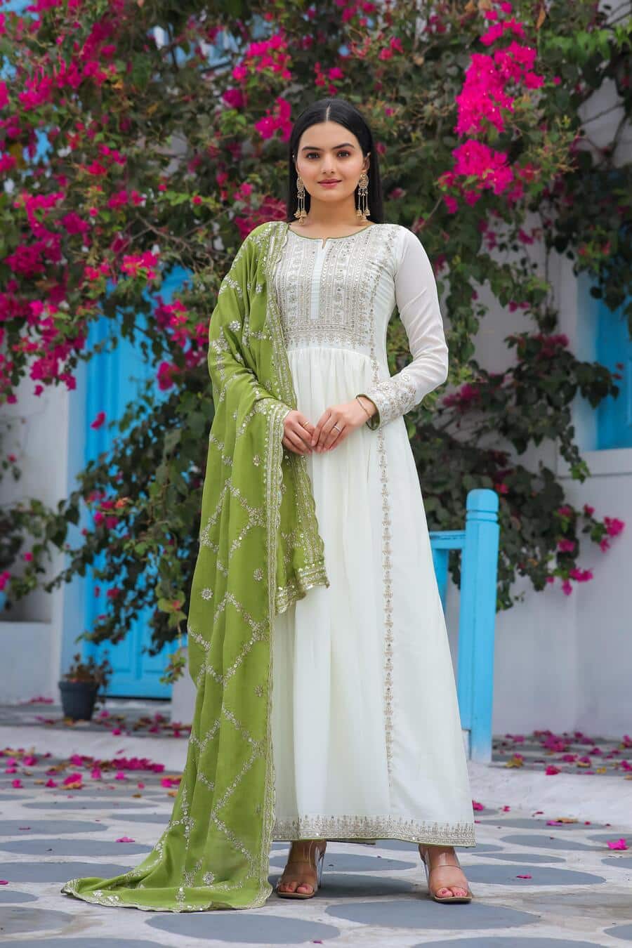 70354 ATRRACTIVE CHINON SILK EMBROIDERY SEQUENCE WORK GOWN BOTTOM WITH DUPATTA Punjabi Style