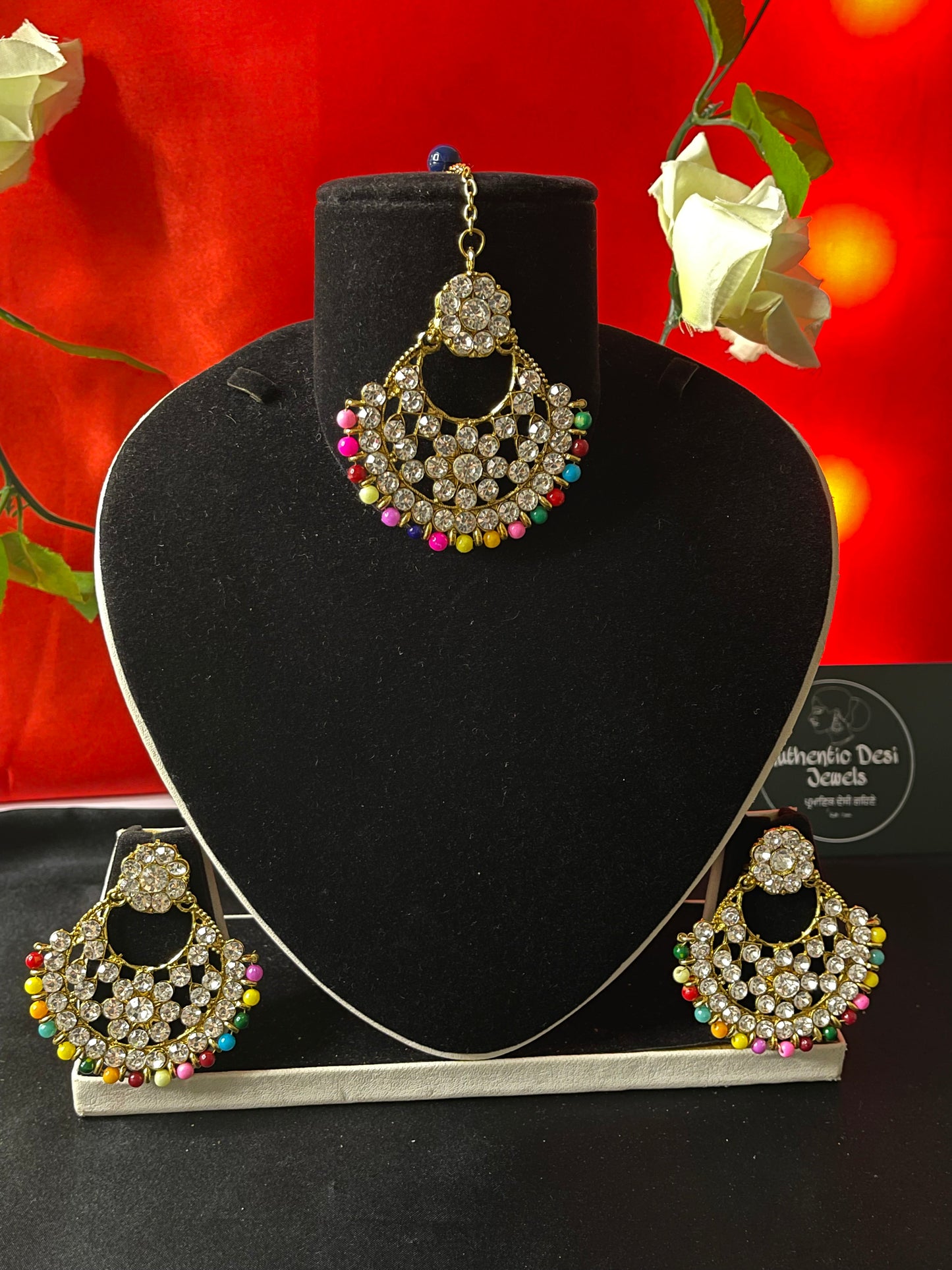 Multi Colour Kundan Tikka + Earrings