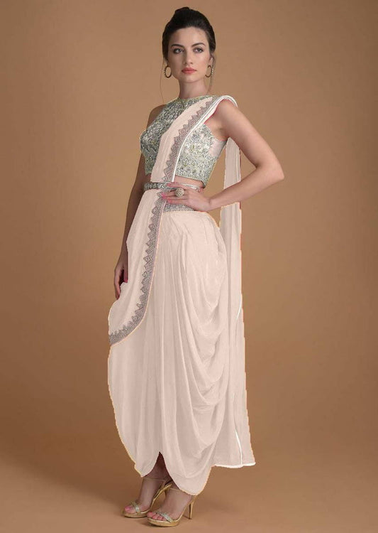 EG23256 DESIGNER GEORGETTE EMBROIDERY WORK READY TO WEAR SAREE CREAM