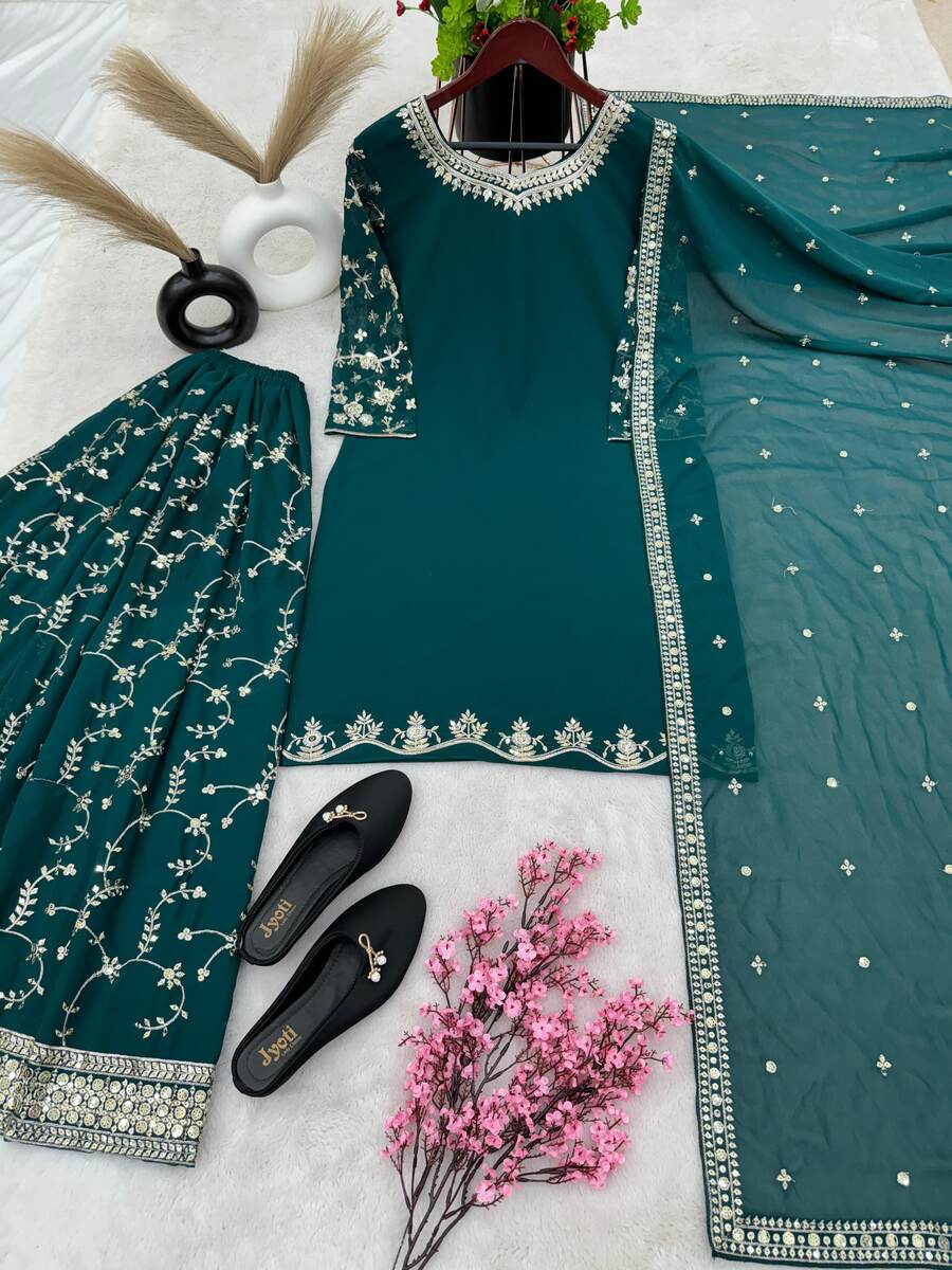 68695 FASHIONABLE GEORGETTE EMBROIDERY SEQUENCE WORK TOP PALAZZO WITH DUPATTA Punjabi Sharara Suit