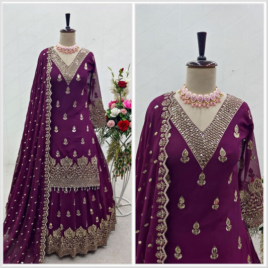 69232-3 DESIGNER GEORGETTE EMBROIDERY SEQUENCE WORK TOP LEHENGA WITH DUPATTA WINE