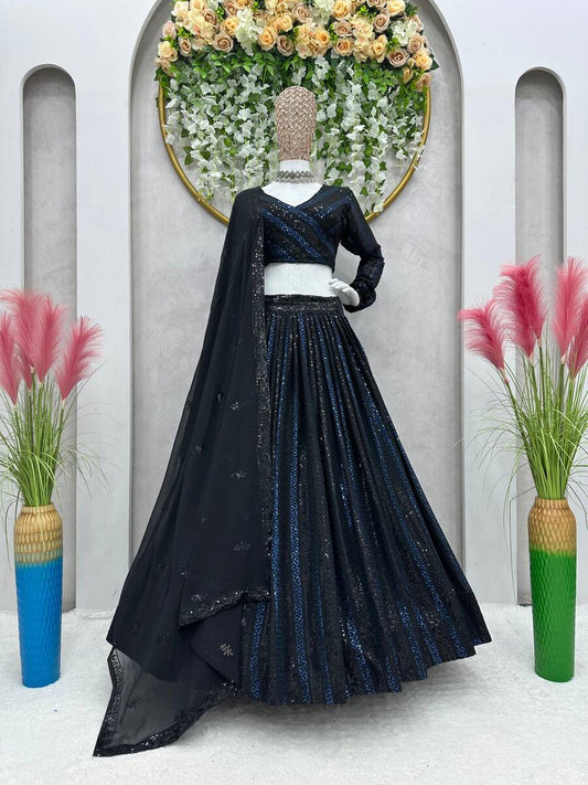 63528 DESIGNER GEORGETTE EMBROIDERY SEQUENCE WORK LEHENGA CHOLI WITH DUPATTA BLACK