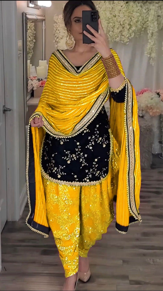 51401 Party wear georgette sequence with embroidery work top dhoti with dupatta (Punjabi Salwar Suit) black with yellow