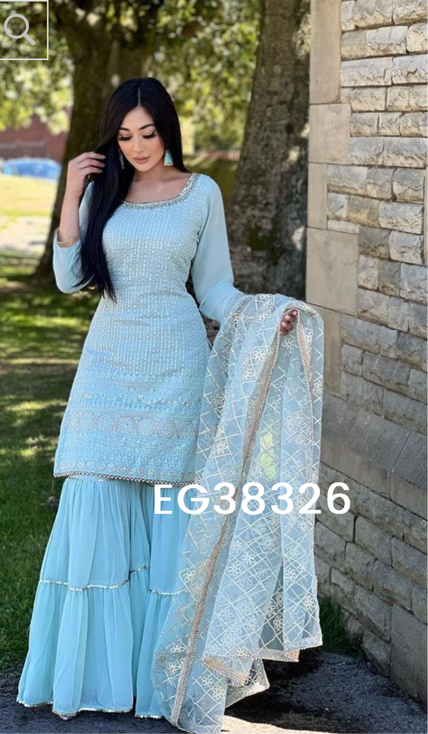 EG38326 DESIGNER WEAR PARTY LOOK FAUX GEORGETTE WITH EMBROIDERY WORK TOP AND SHARARA IN SKY BLUE COLOR