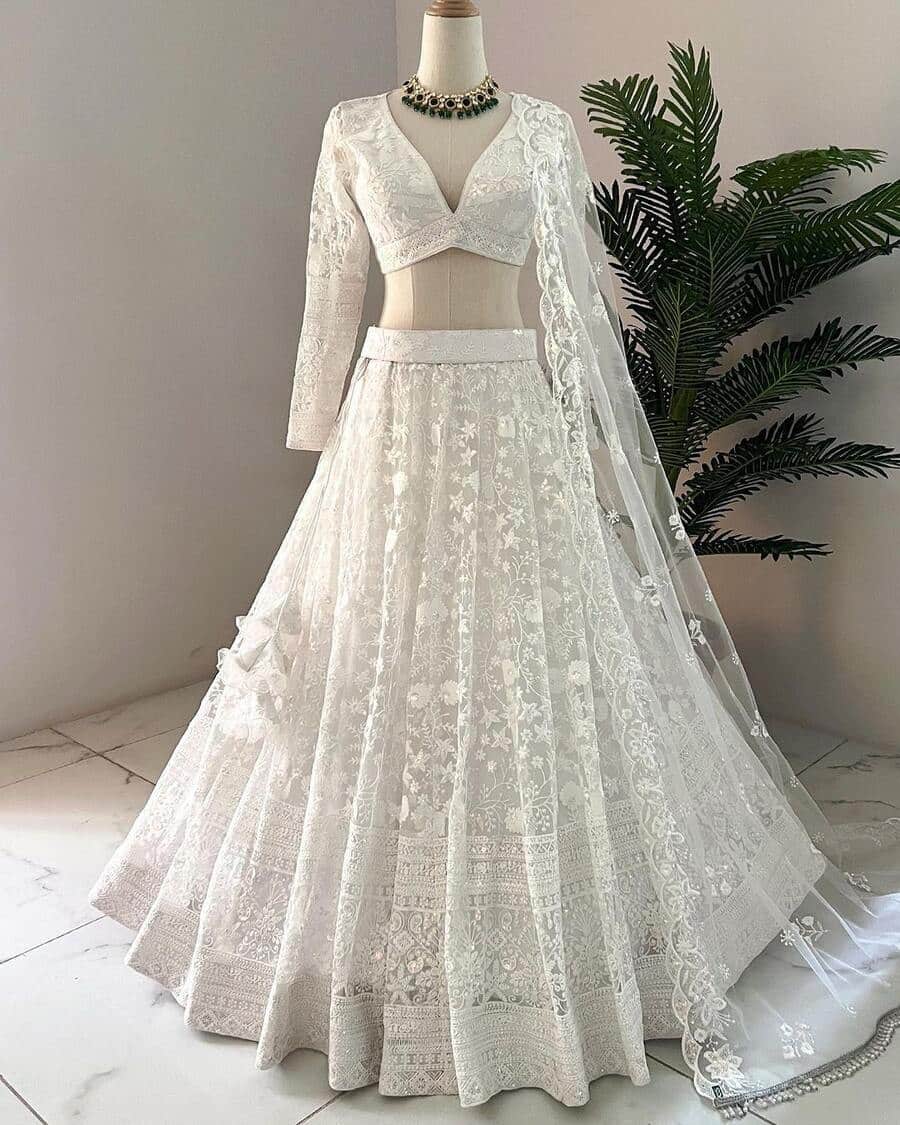 68759 BUTTERFLY NET THREAD WITH SEQUENCE WORK LEHENGA CHOLI WITH DUPATTA WHITE