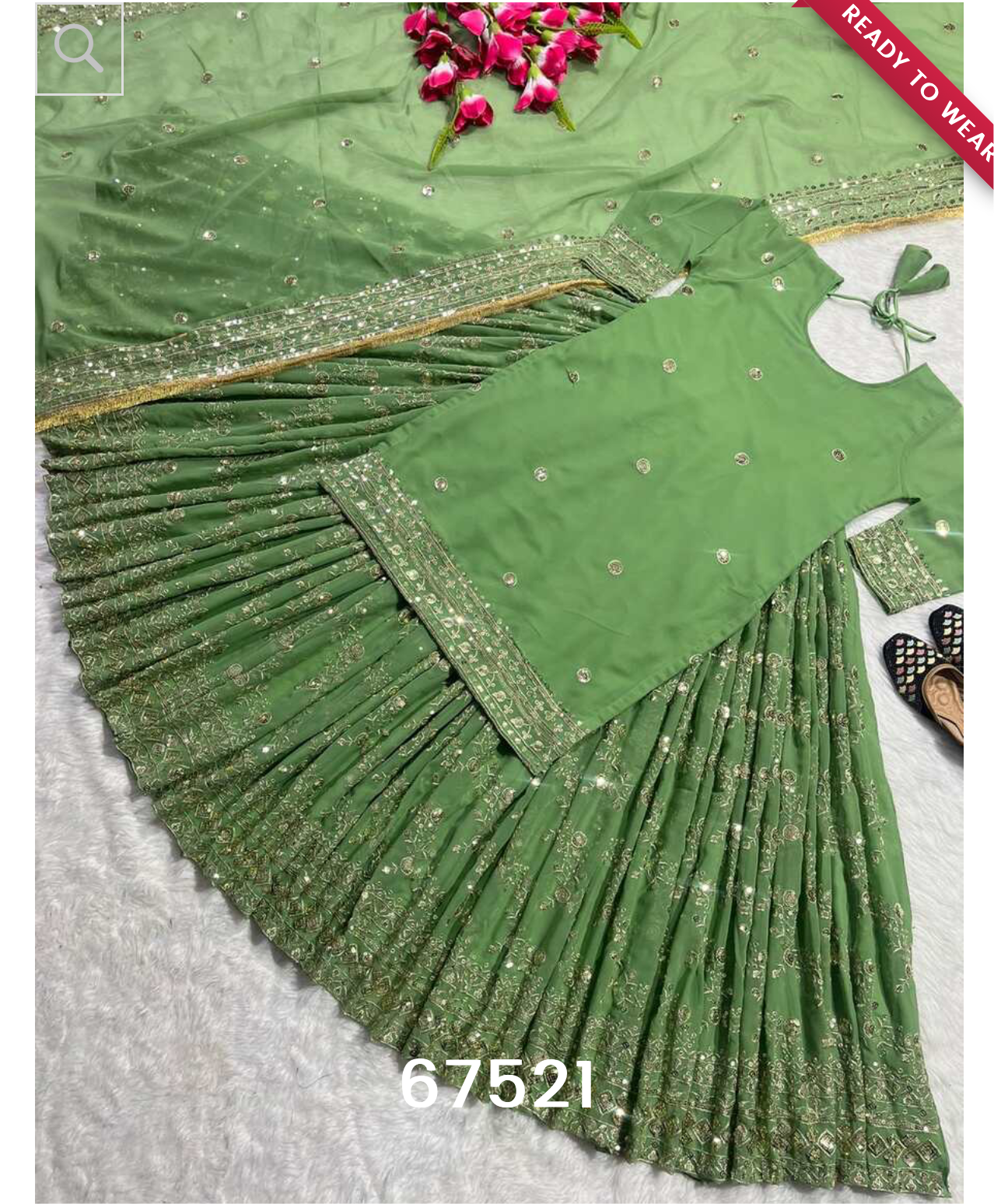 67521 DESIGNER GEORGETTE EMBROIDERY SEQUENCE WORK TOP LEHENGA WITH DUPATTA PARROT GREEN