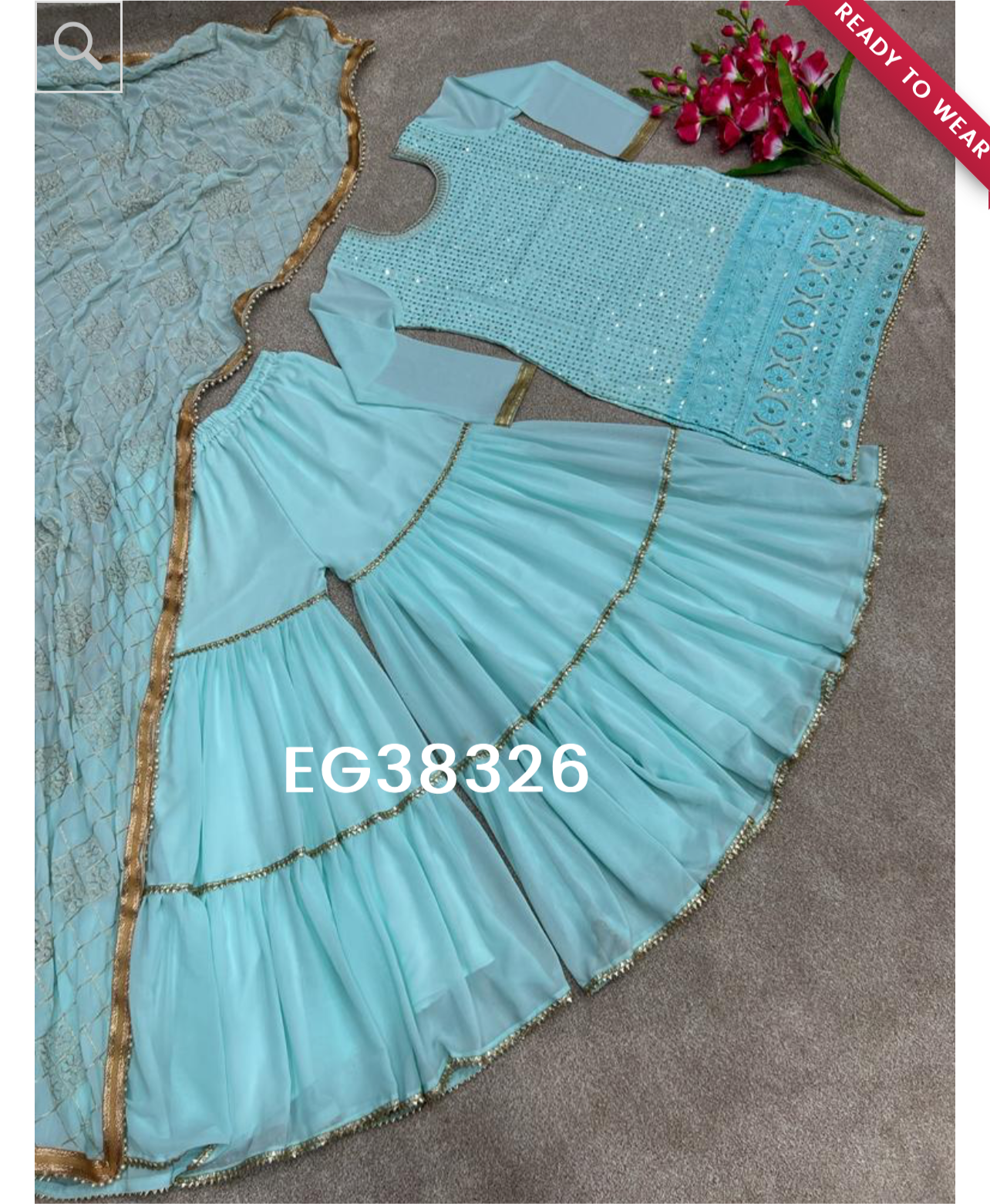 EG38326 DESIGNER WEAR PARTY LOOK FAUX GEORGETTE WITH EMBROIDERY WORK TOP AND SHARARA IN SKY BLUE COLOR