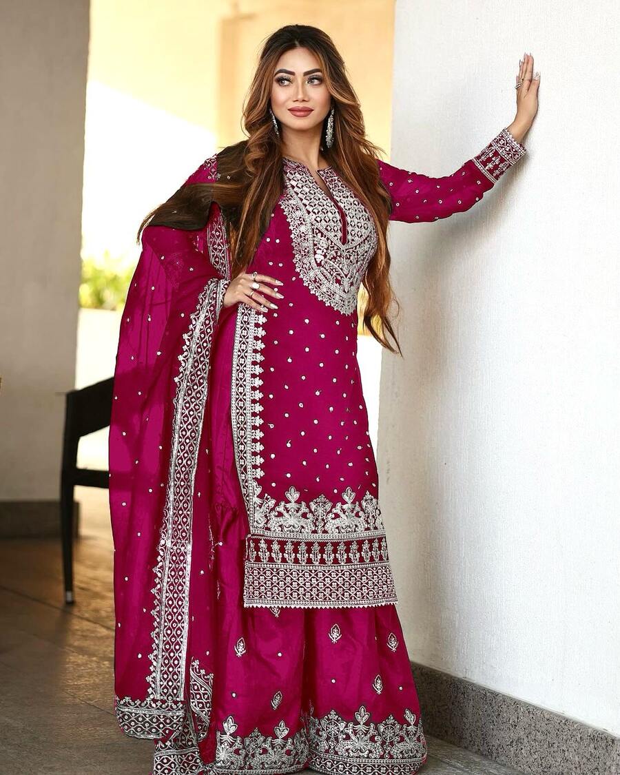 68048 DESIGNER GEORGETTE EMBROIDERY SEQUENCE WORK TOP SHARARA WITH DUPATTA Punjabi Style Suit