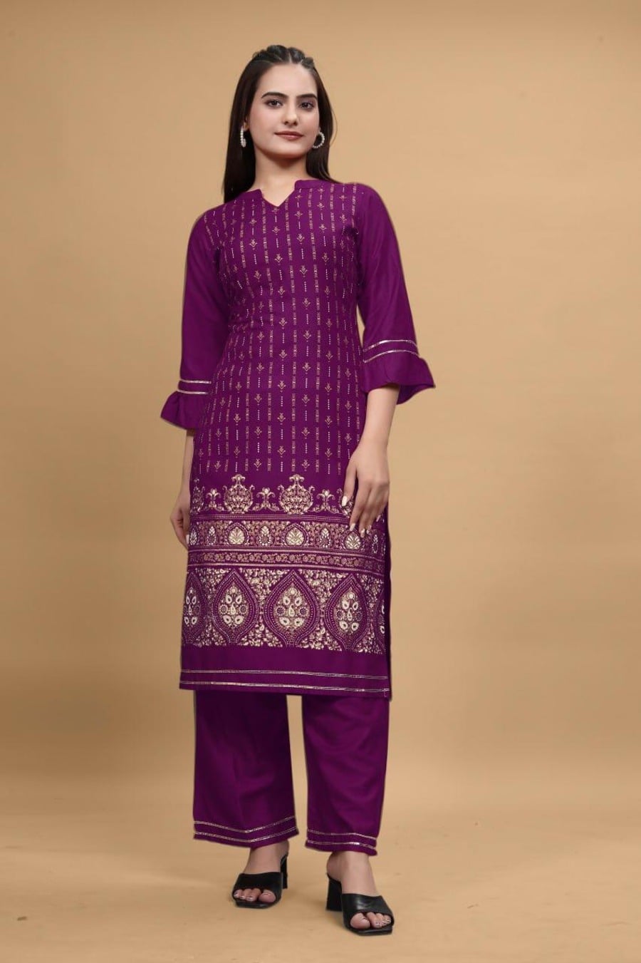 69036 DESIGNER RAYON FOIL PRINT WORK KURTI WITH PANT SET