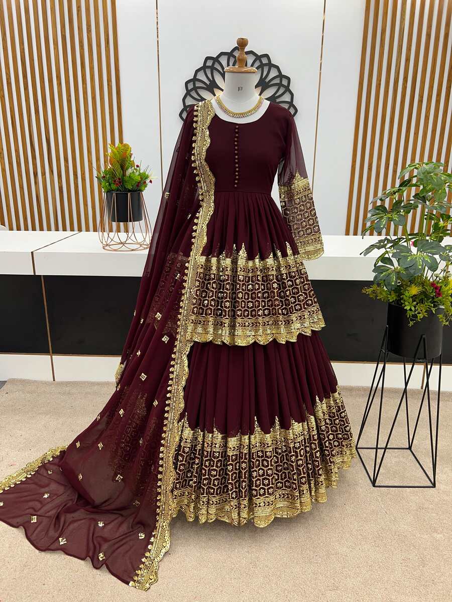 68362 DESIGNER GEORGETTE EMBROIDERY SEQUENCE WORK TOP LEHENGA WITH DUPATTA