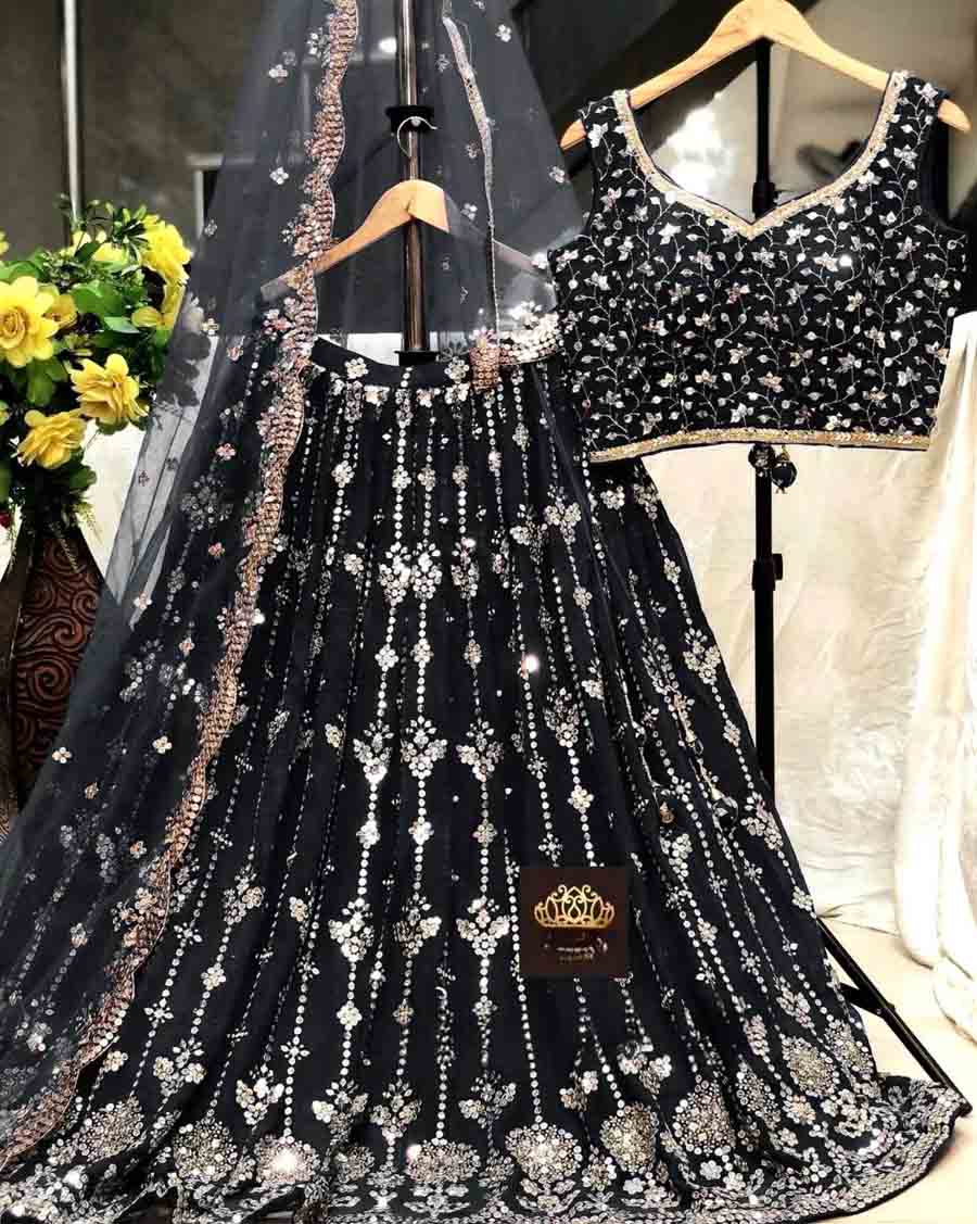 64069 DESIGNER GEORGETTE EMBROIDERY SEQUENCE WORK LEHENGA CHOLI WITH DUPATTA BLACK