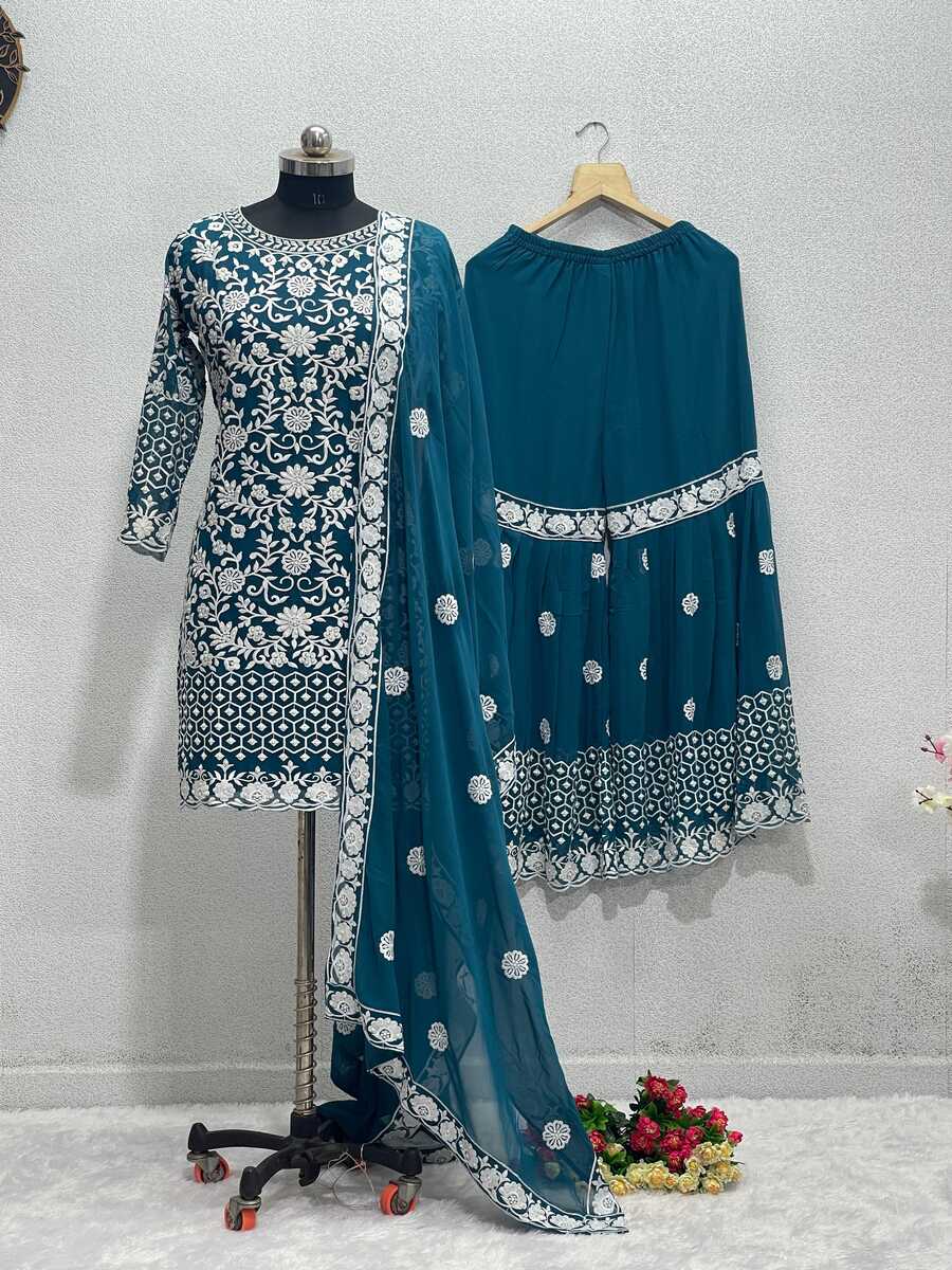 64787 GEORGETTE EMBROIDERY HANDWORK TOP SHARARA WITH DUPATTA