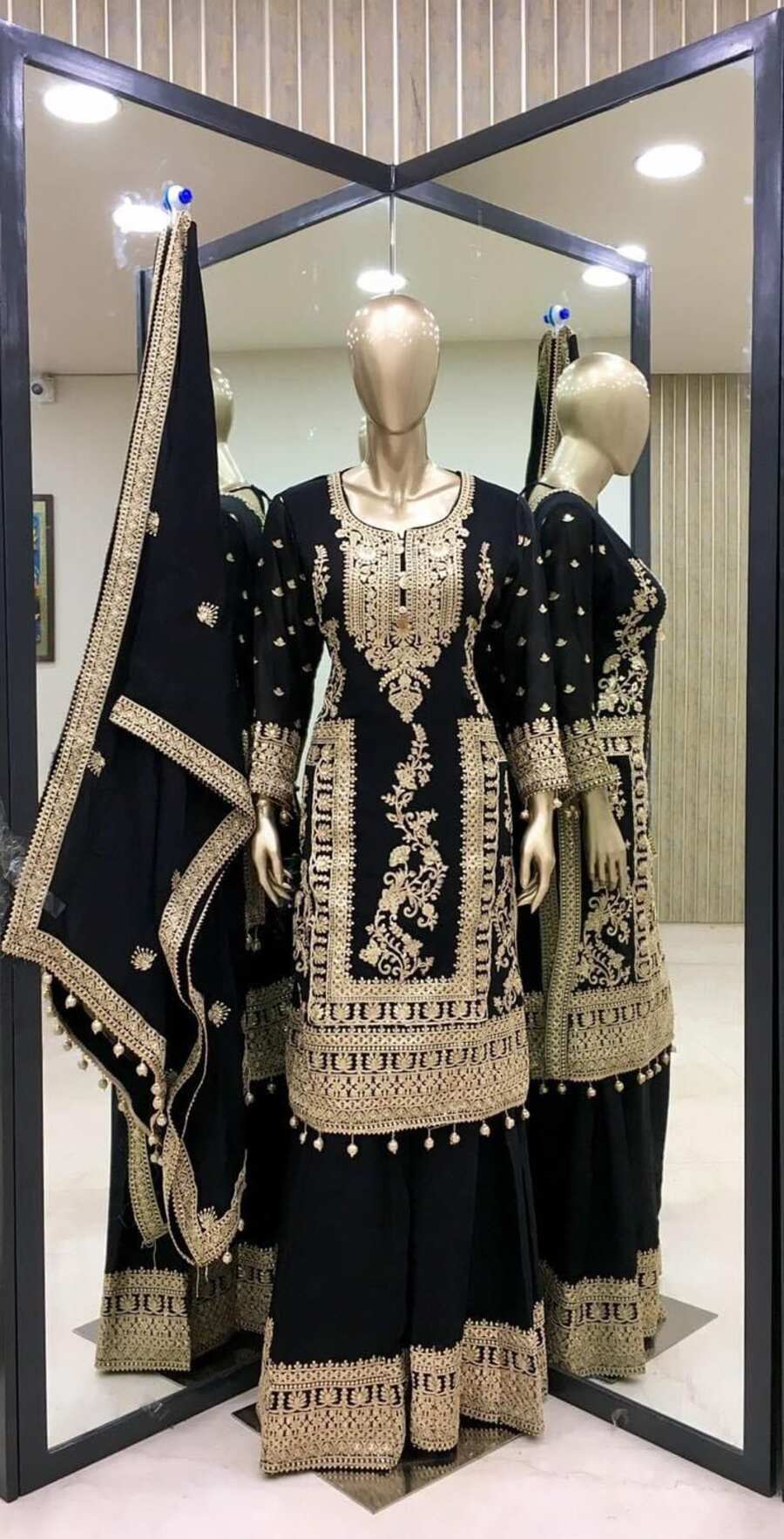 69336 FANCY CHINON EMBROIDERY CODING DORI SEQUENCE WORK TOP PALAZZO WITH DUPATTA (Punjabi Salwar Kameez Suit)