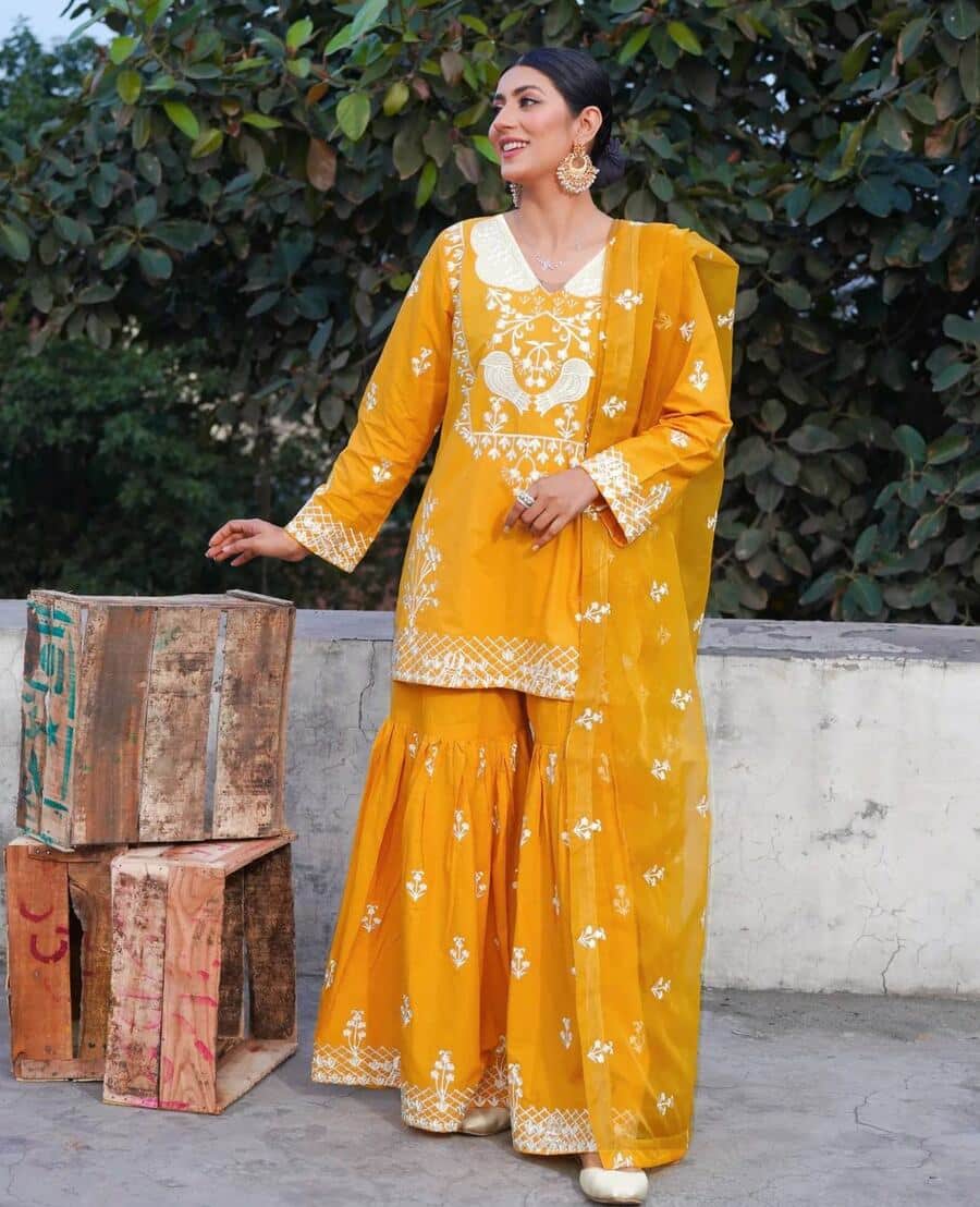 68871-1 FASHIONABLE GEORGETTE EMBROIDERY WORK LACE WORK TOP SHARARA WITH DUPATTA MOTHER DAUGHTER COMBO YELLOW (Mother-Daughter Set)