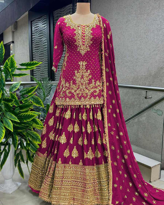 69937 DESIGNER CHINON SILK EMBROIDERY SEQUENCE WORK TOP LEHENGA CHOLI WITH DUPATTA