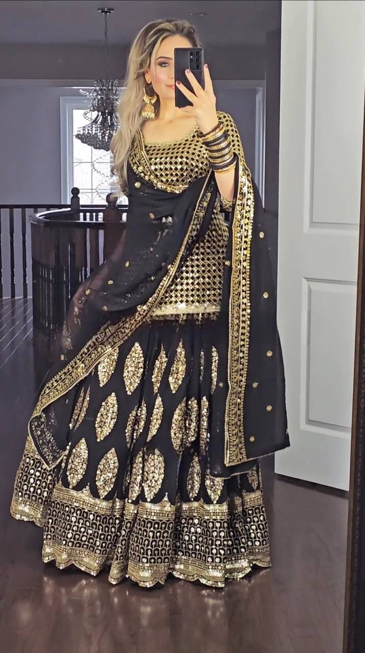 68483 DESIGNER GEORGETTE EMBROIDERY SEQUENCE WORK LEHENGA CHOLI WITH DUPATTA BLACK