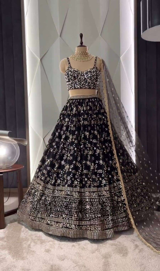 68613 WEDDING WEAR GEORGETTE EMBROIDERY SEQUENCE WORK LEHENGA CHOLI WITH DUPATTA BLACK