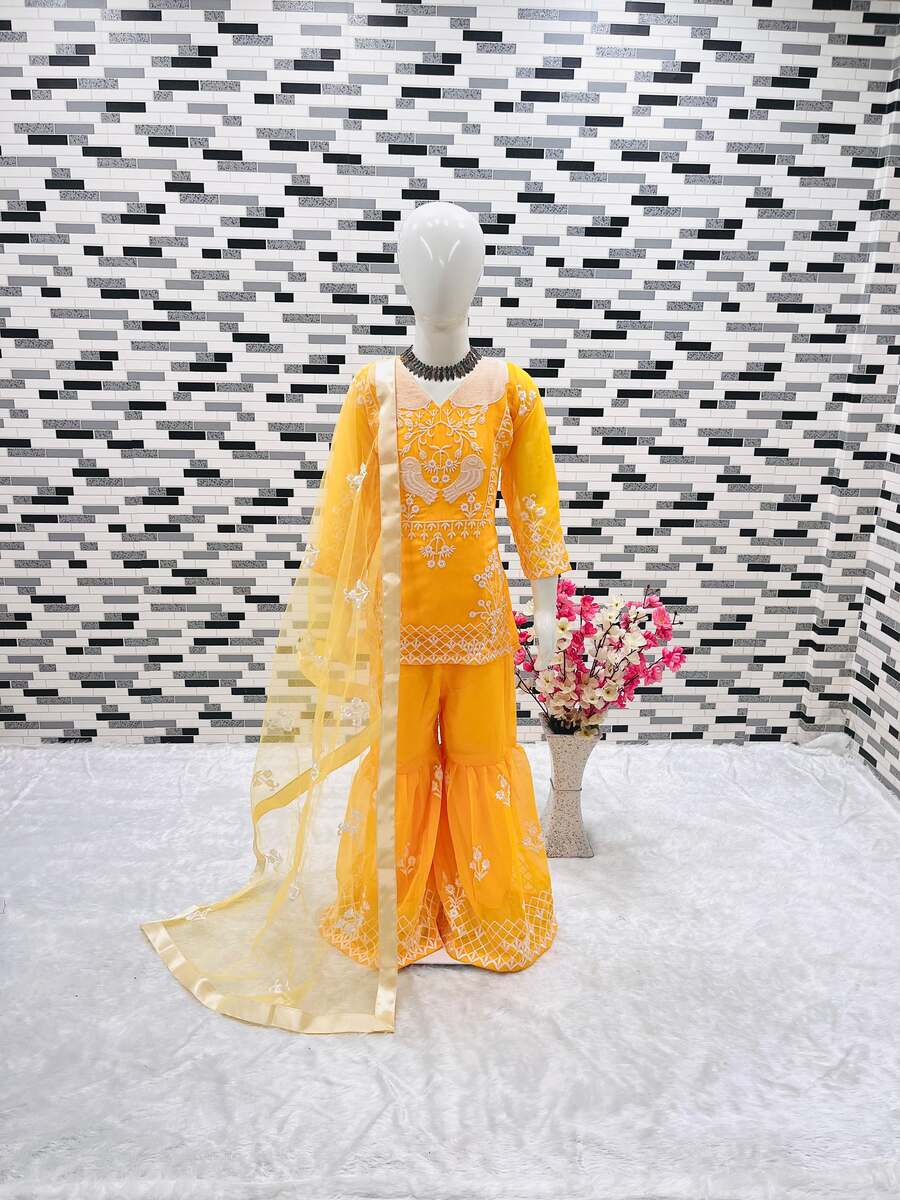 68871-2 FASHIONABLE GEORGETTE EMBROIDERY LACE WORK KIDS TOP SHARARA WITH DUPATTA YELLOW