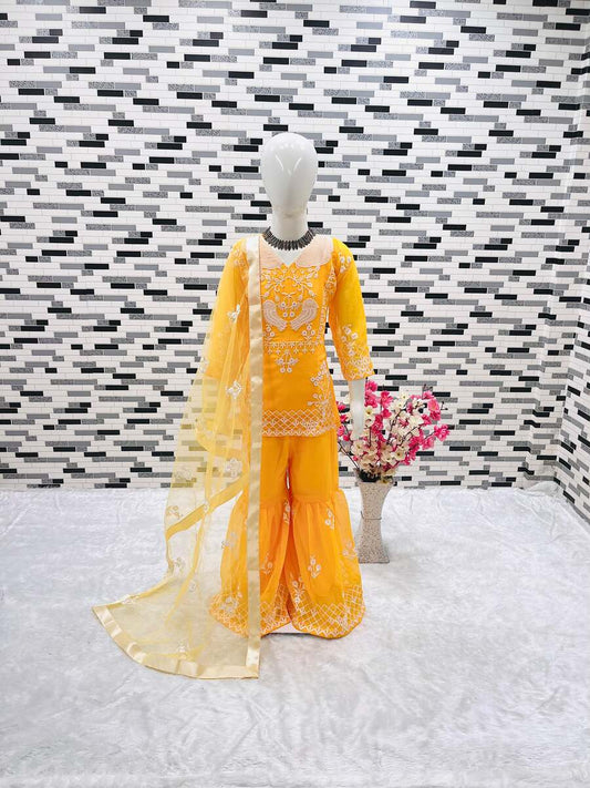 68871-2 FASHIONABLE GEORGETTE EMBROIDERY LACE WORK KIDS TOP SHARARA WITH DUPATTA YELLOW