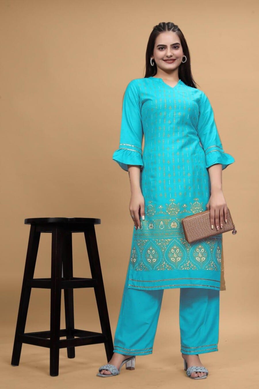 69036 DESIGNER RAYON FOIL PRINT WORK KURTI WITH PANT SET