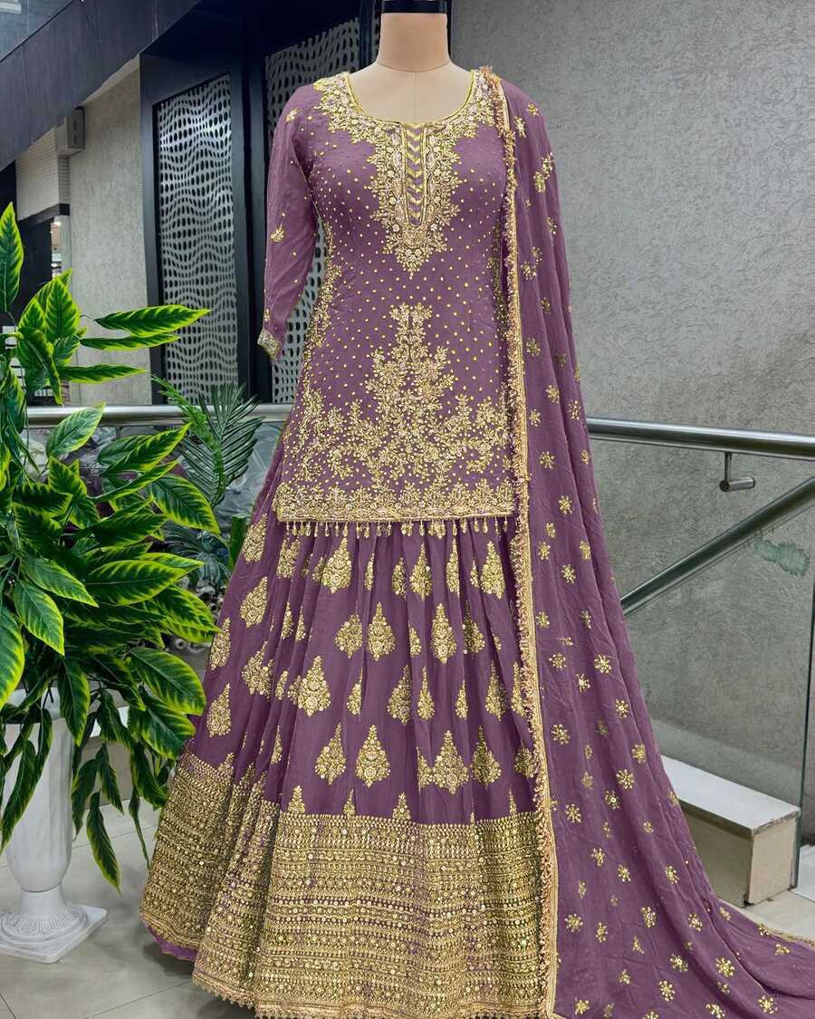 69937 DESIGNER CHINON SILK EMBROIDERY SEQUENCE WORK TOP LEHENGA CHOLI WITH DUPATTA