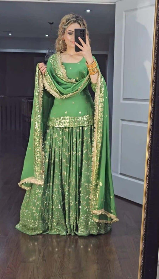 67521 DESIGNER GEORGETTE EMBROIDERY SEQUENCE WORK TOP LEHENGA WITH DUPATTA PARROT GREEN