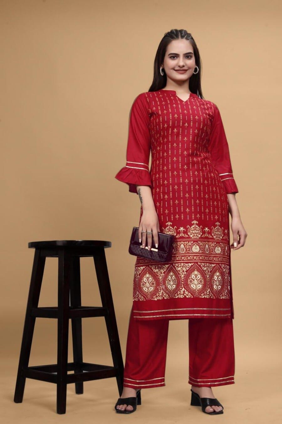 69036 DESIGNER RAYON FOIL PRINT WORK KURTI WITH PANT SET