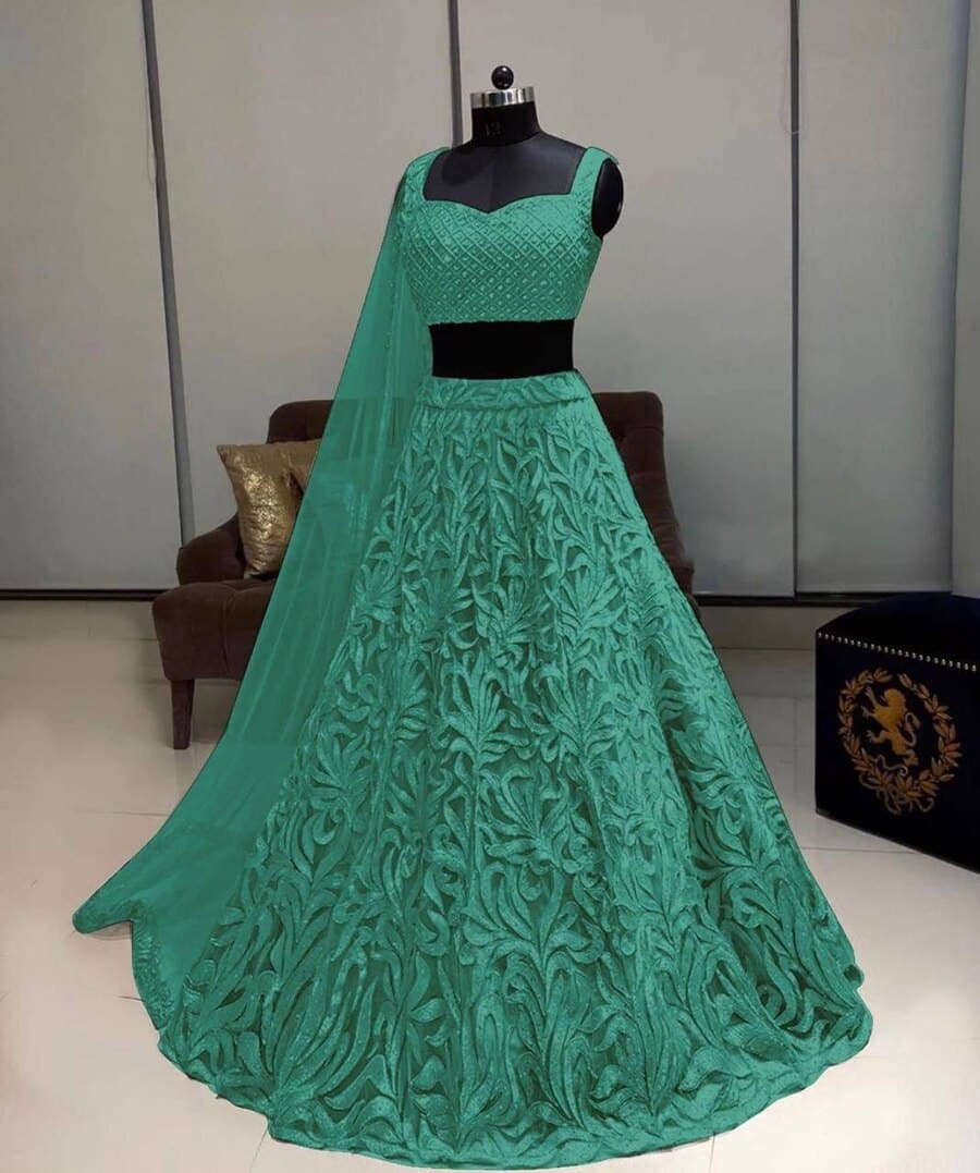 63717 FABULOUS NET EMBROIDERY DESIGN WORK LEHENGA CHOLI WITH DUPATTA