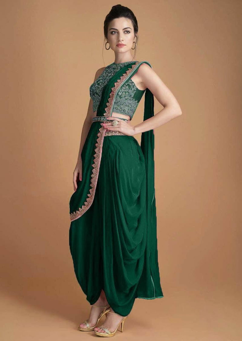 EG23257 DESIGNER GEORGETTE EMBROIDERY WORK READY TO WEAR SAREE GREEN