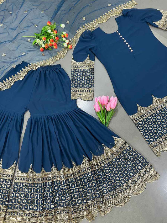 56942 LATEST EMBROIDERY SEQUENCE WORK TOP PALAZZO WITH DUPATTA