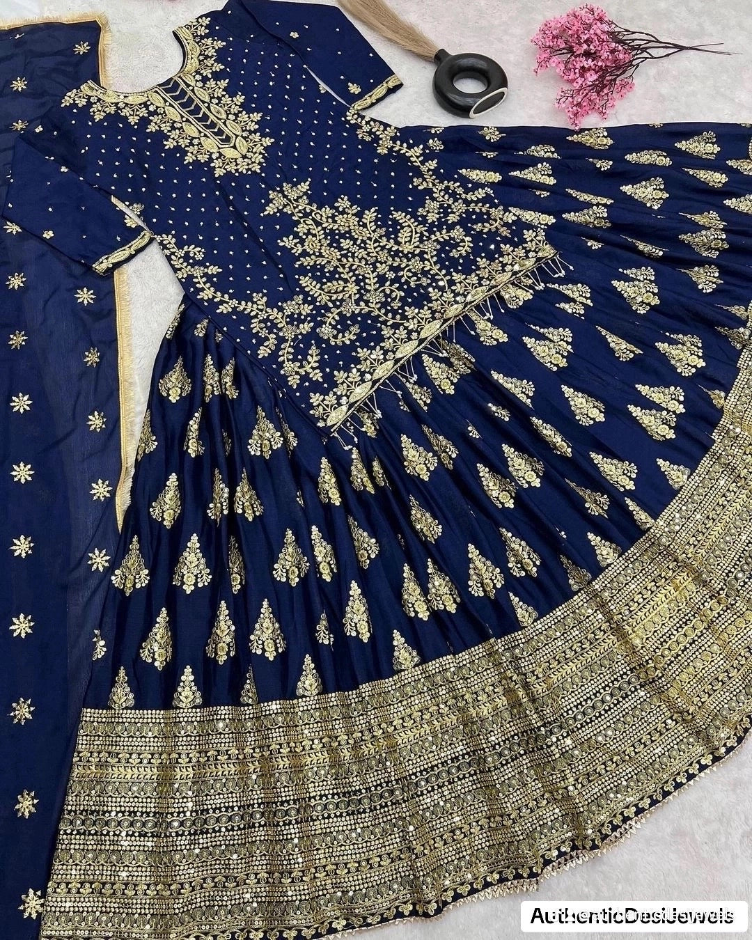 69937 DESIGNER CHINON SILK EMBROIDERY SEQUENCE WORK TOP LEHENGA CHOLI WITH DUPATTA