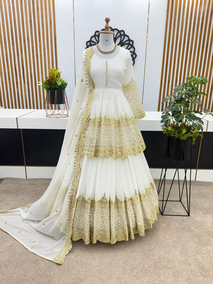 68362 DESIGNER GEORGETTE EMBROIDERY SEQUENCE WORK TOP LEHENGA WITH DUPATTA