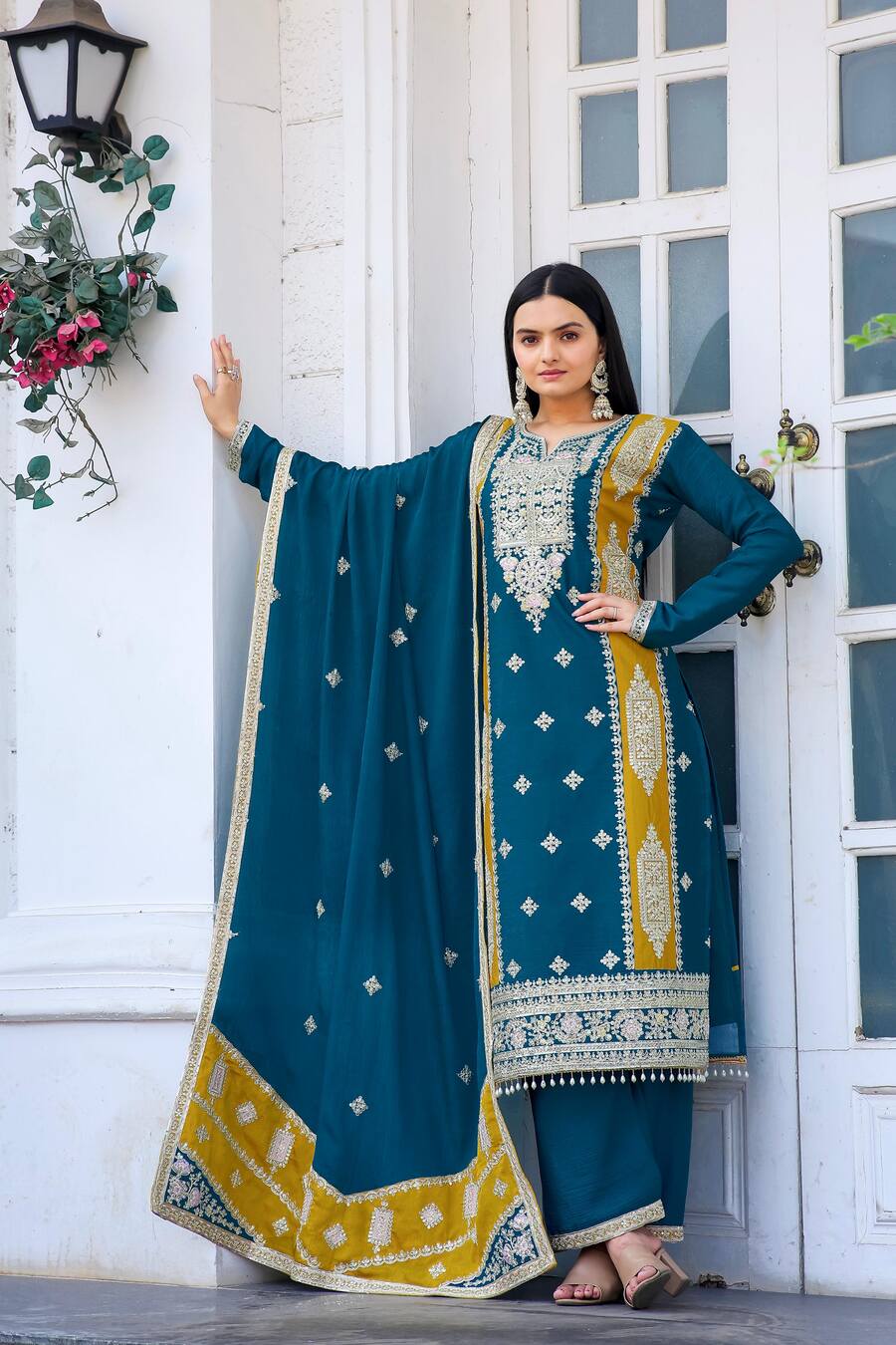 69970 DESIGNER CHINON EMBRODIERY SEQUENCE WORK TOP PALAZZO WITH DUPATTA