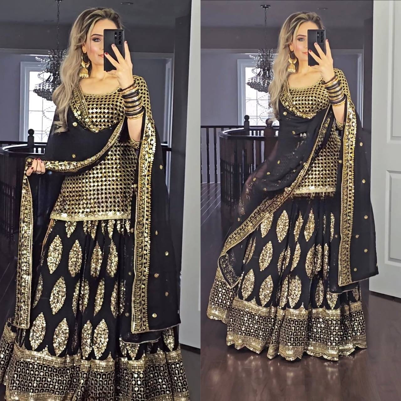 68483 DESIGNER GEORGETTE EMBROIDERY SEQUENCE WORK LEHENGA CHOLI WITH DUPATTA BLACK