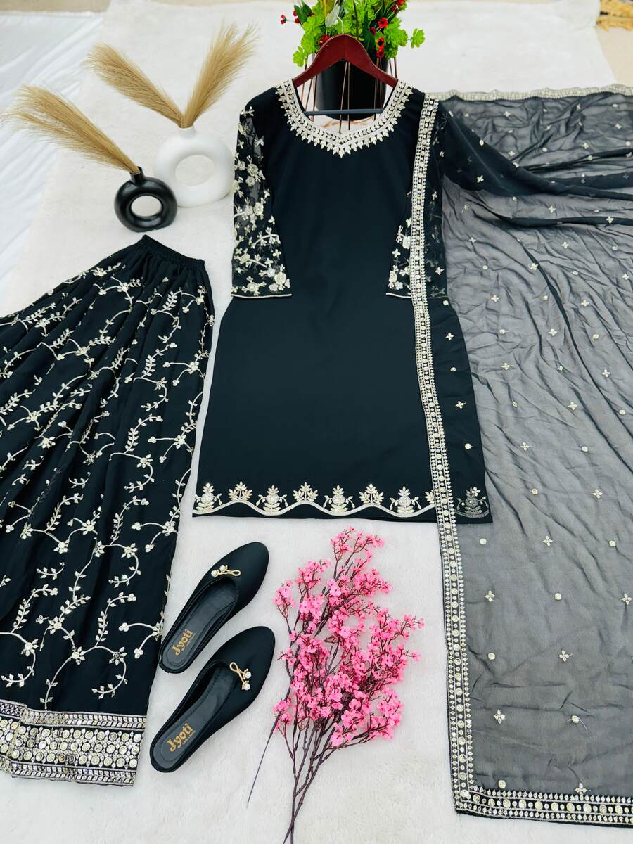 68695 FASHIONABLE GEORGETTE EMBROIDERY SEQUENCE WORK TOP PALAZZO WITH DUPATTA Punjabi Sharara Suit