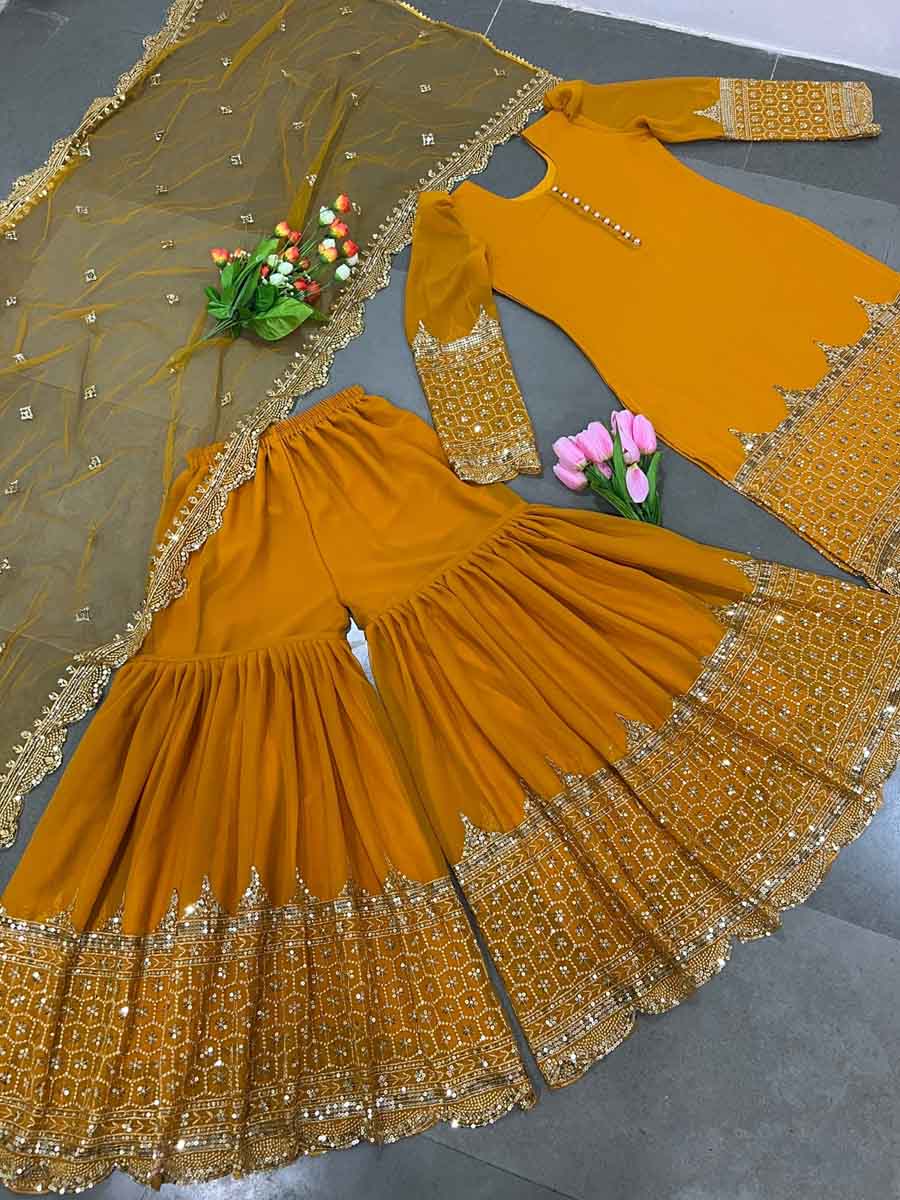 56942 LATEST EMBROIDERY SEQUENCE WORK TOP PALAZZO WITH DUPATTA