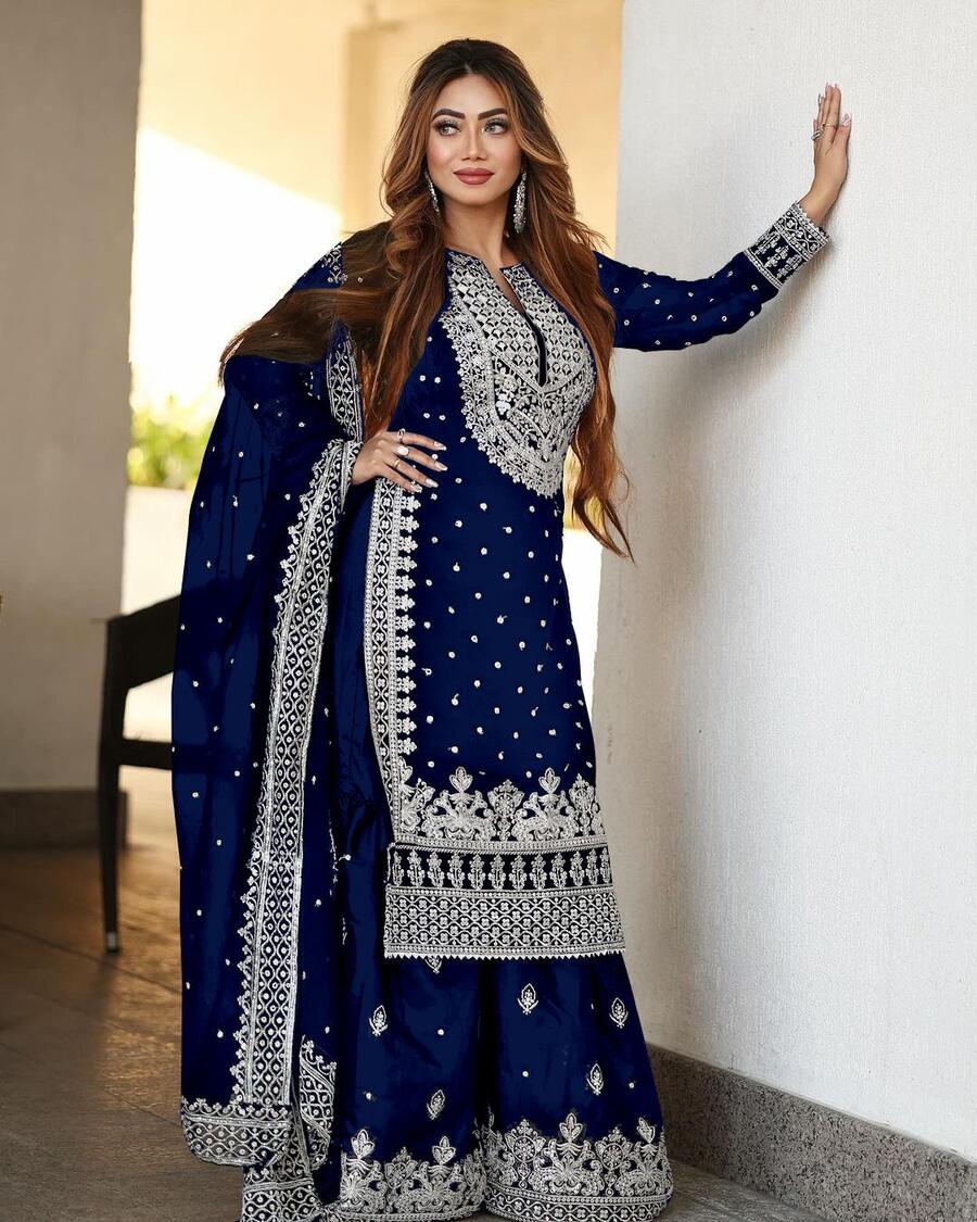 68048 DESIGNER GEORGETTE EMBROIDERY SEQUENCE WORK TOP SHARARA WITH DUPATTA Punjabi Style Suit