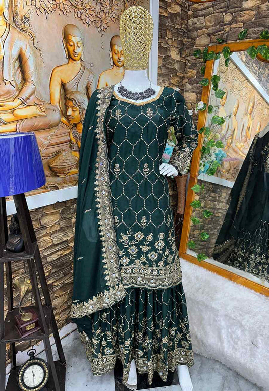 70267 MOST PICKED CHINON SILK EMBROIDERY SEQUENCE WORK TOP SHARARA WITH DUPATTA Sharara Punjabi Style Suit