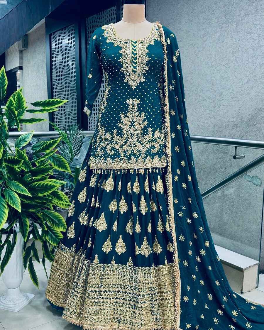 69937 DESIGNER CHINON SILK EMBROIDERY SEQUENCE WORK TOP LEHENGA CHOLI WITH DUPATTA