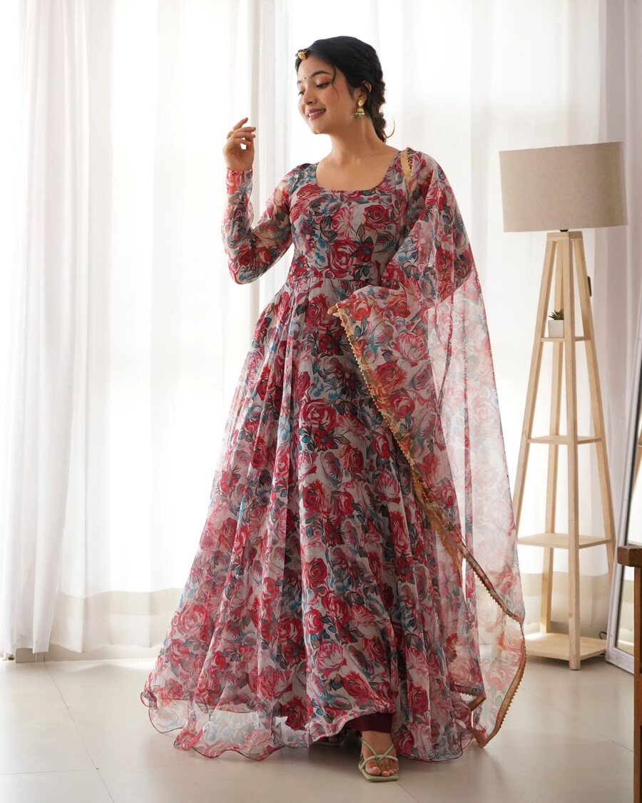 70536 FASHIONABLE ORGANZA SILK DIGITAL PRINTED LACE WORK GOWN PANT WITH DUPATTA MAROON FLORAL