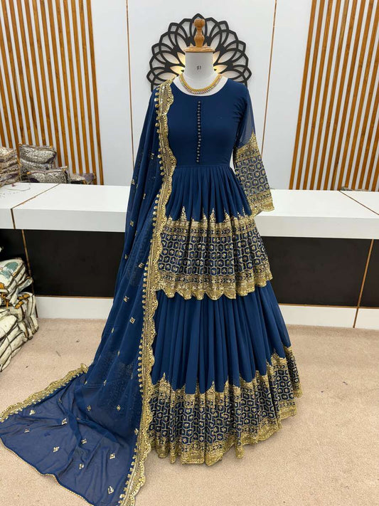 68362 DESIGNER GEORGETTE EMBROIDERY SEQUENCE WORK TOP LEHENGA WITH DUPATTA