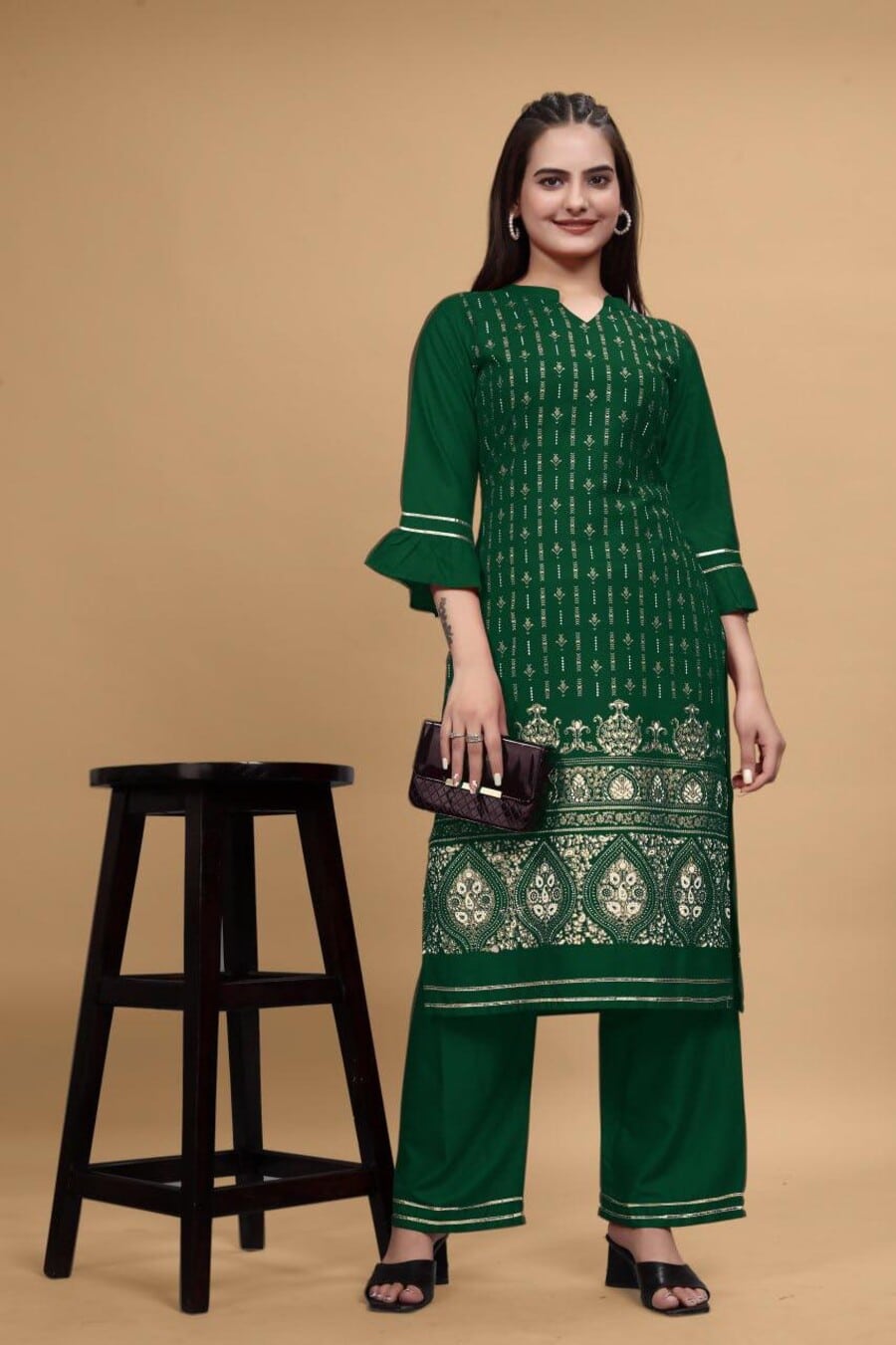 69036 DESIGNER RAYON FOIL PRINT WORK KURTI WITH PANT SET