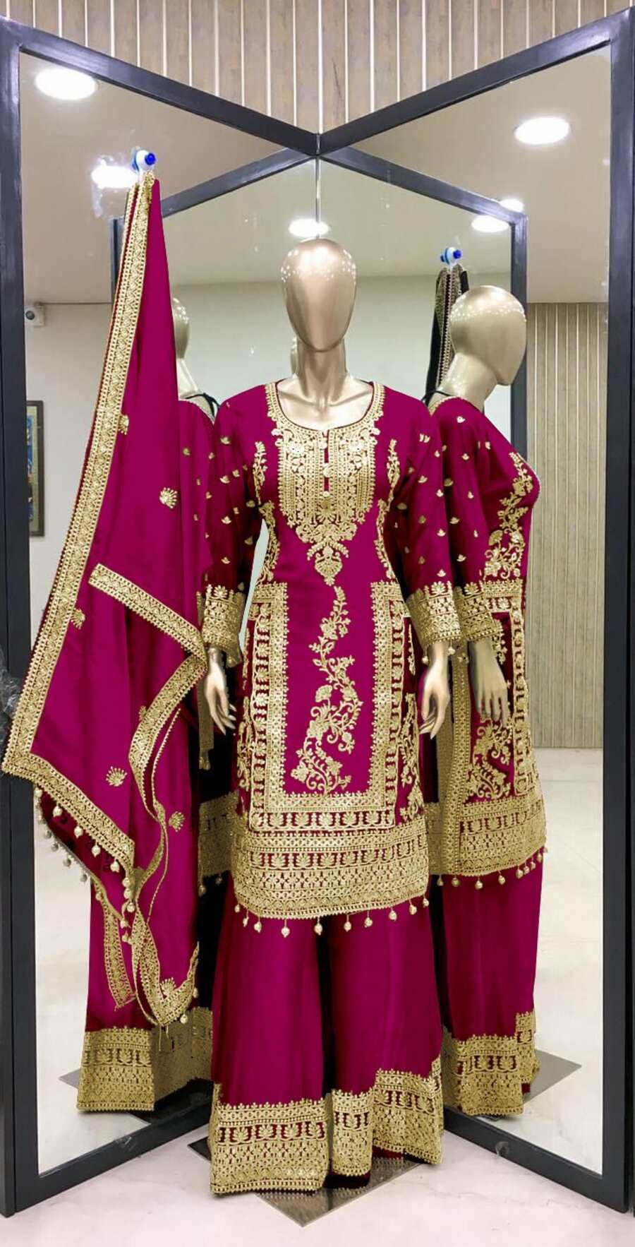 69336 FANCY CHINON EMBROIDERY CODING DORI SEQUENCE WORK TOP PALAZZO WITH DUPATTA (Punjabi Salwar Kameez Suit)